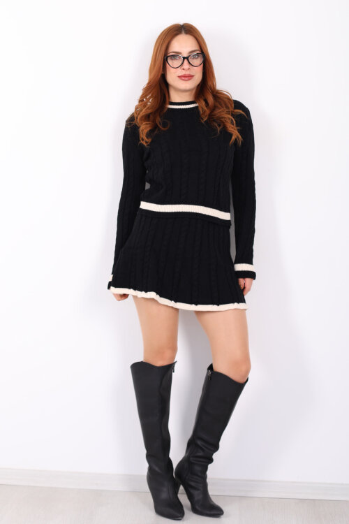 Saç Örgü Şerit Detaylı Siyah Kadın Triko Etek Takım - 6