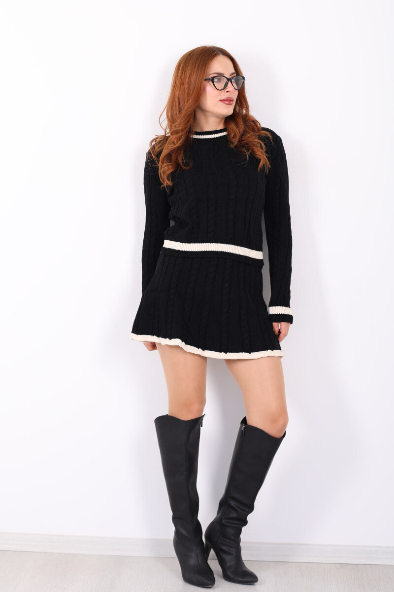 Saç Örgü Şerit Detaylı Siyah Kadın Triko Etek Takım - 3