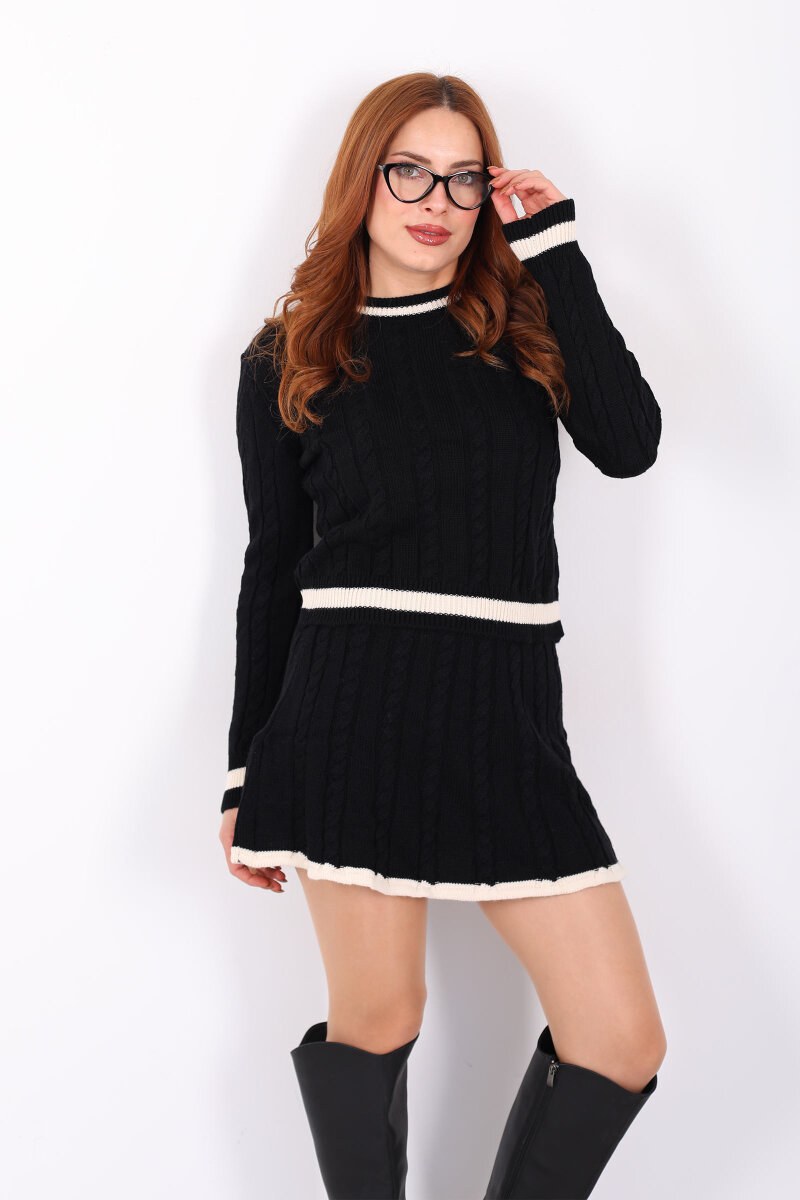 Saç Örgü Şerit Detaylı Siyah Kadın Triko Etek Takım - 4