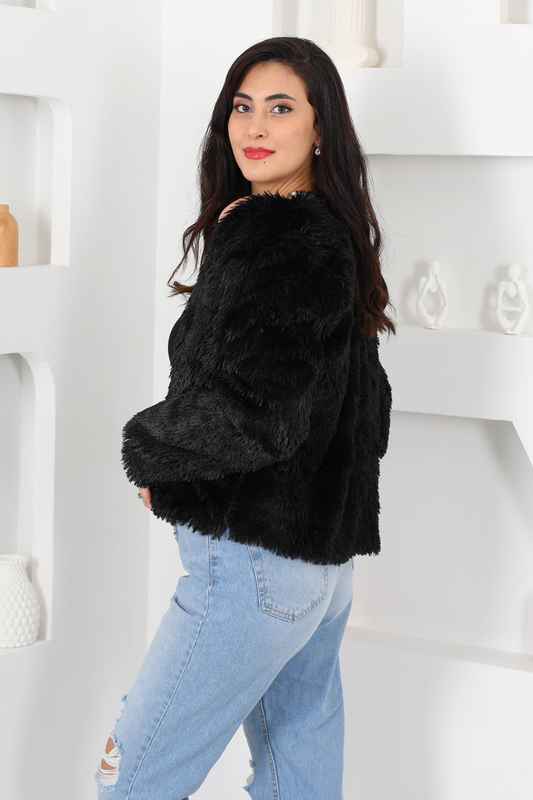 Saçaklı Siyah Kadın Peluş Ceket - 4