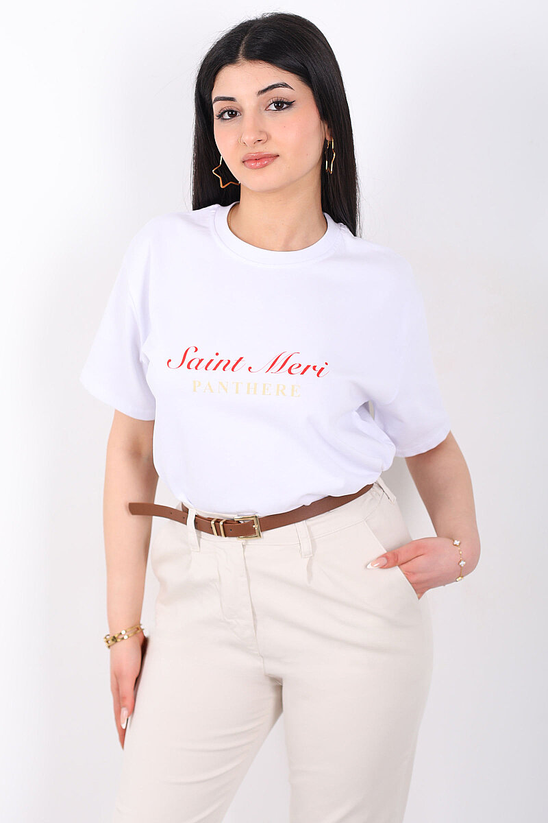 Saint Meri Yazılı Arka Baskılı Kadın Beyaz T-Shirt - 4