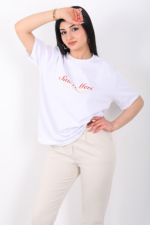 Saint Meri Yazılı Arka Baskılı Kadın Beyaz T-Shirt - 3