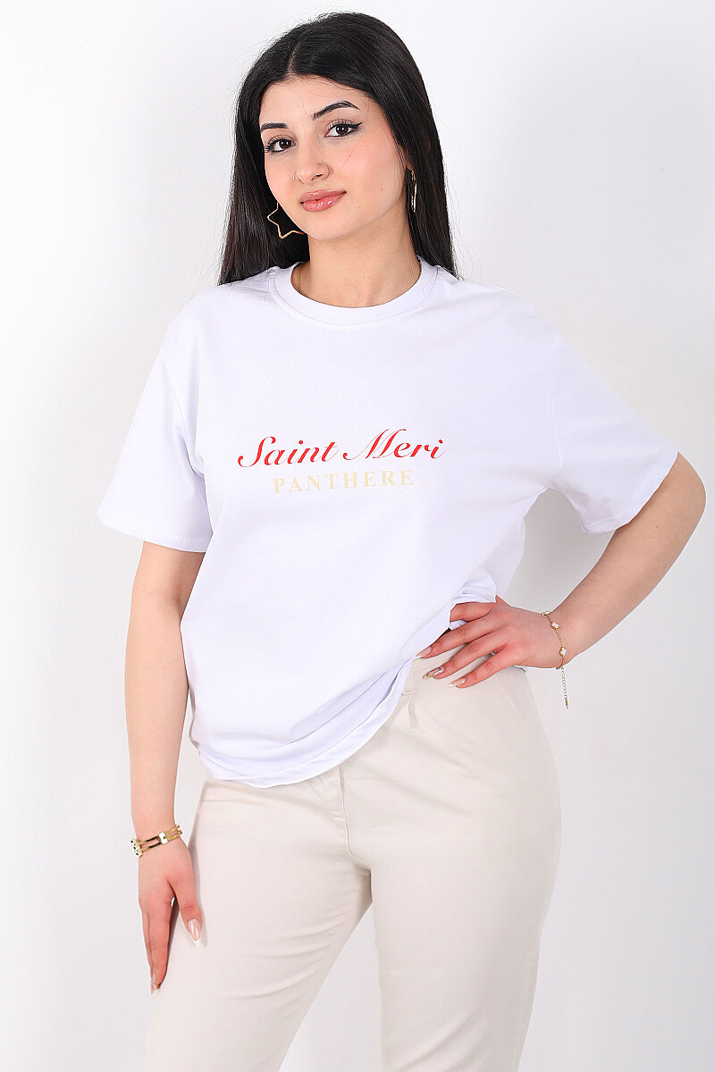 Saint Meri Yazılı Arka Baskılı Kadın Beyaz T-Shirt - 6