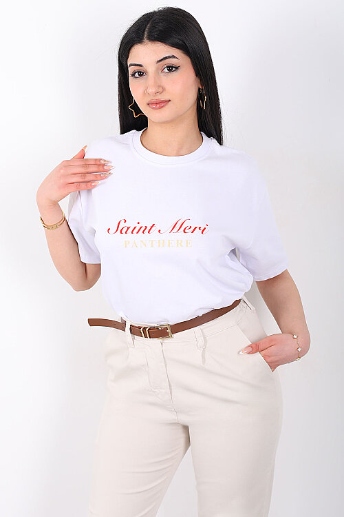 Saint Meri Yazılı Arka Baskılı Kadın Beyaz T-Shirt - Berox