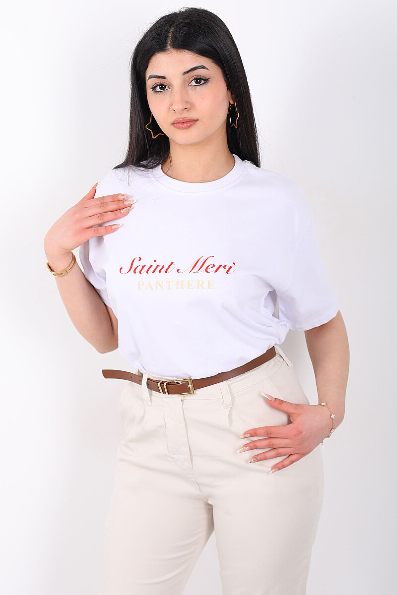 Saint Meri Yazılı Arka Baskılı Kadın Beyaz T-Shirt - 7