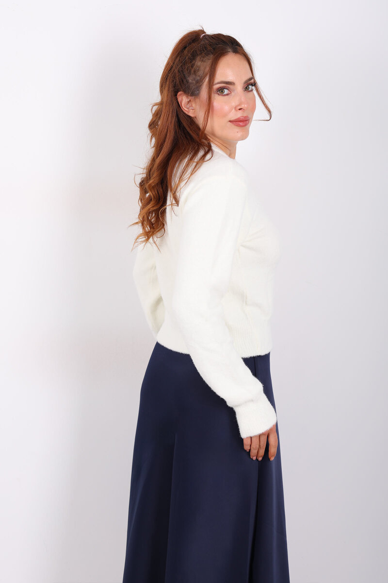 Sakallı Bisiklet Yaka Ekru Kadın Kazak - 5