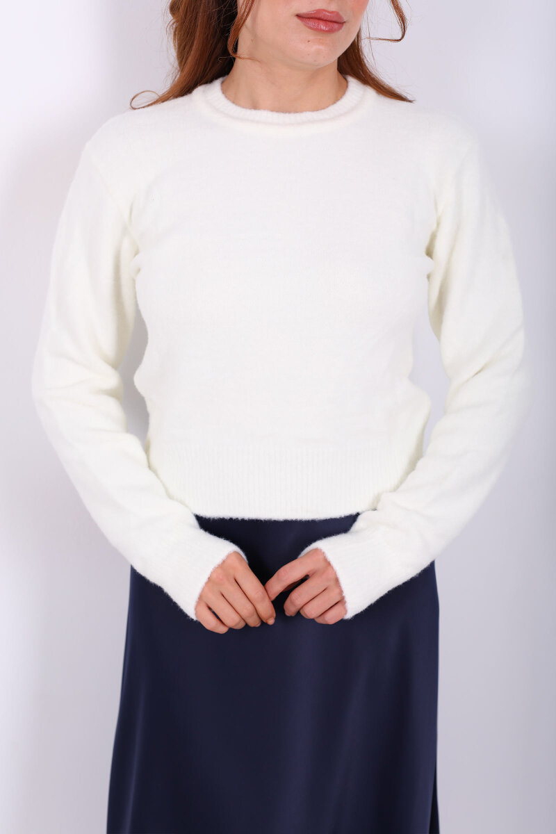 Sakallı Bisiklet Yaka Ekru Kadın Kazak - 2