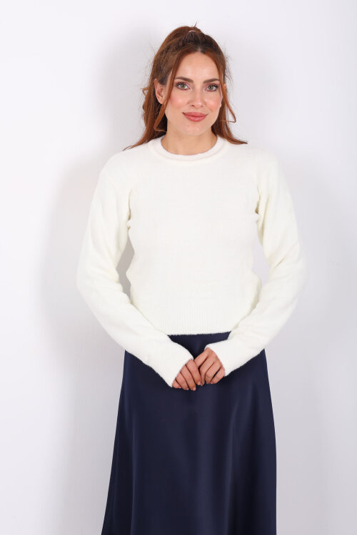 Sakallı Bisiklet Yaka Ekru Kadın Kazak - 4