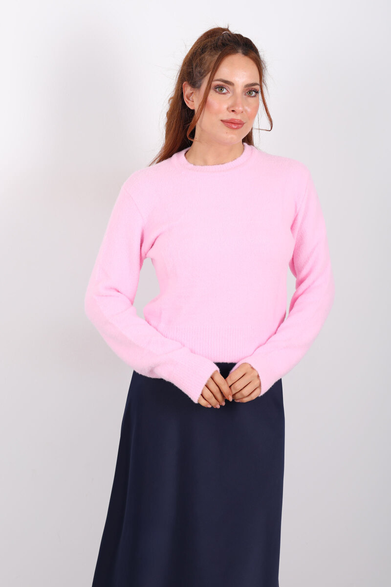 Sakallı Bisiklet Yaka Pembe Kadın Kazak - 1