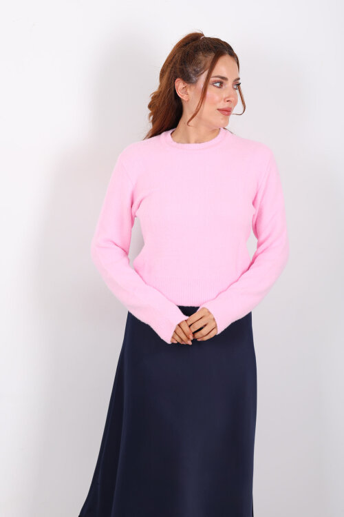 Sakallı Bisiklet Yaka Pembe Kadın Kazak - 5