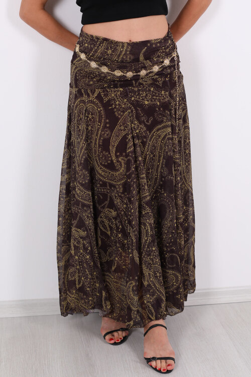 Şal Desen Drapeli Şifon Acı Kahve Kadın Etek - Berox (1)