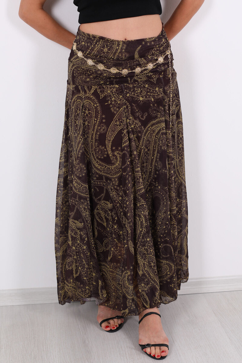 Şal Desen Drapeli Şifon Acı Kahve Kadın Etek - 2