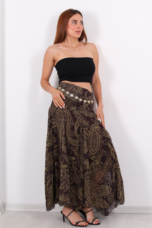 Şal Desen Drapeli Şifon Acı Kahve Kadın Etek - 3