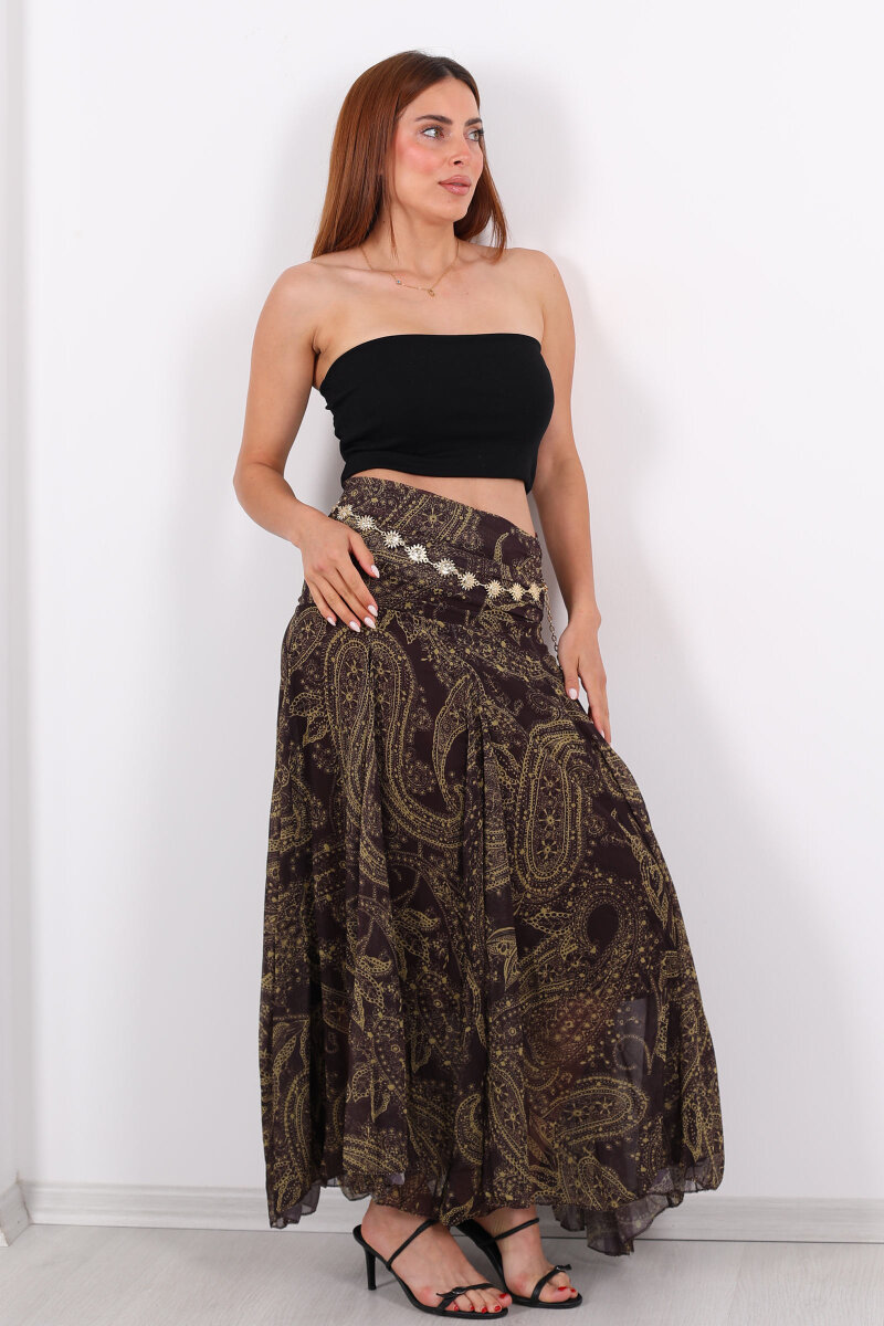 Şal Desen Drapeli Şifon Acı Kahve Kadın Etek - 3