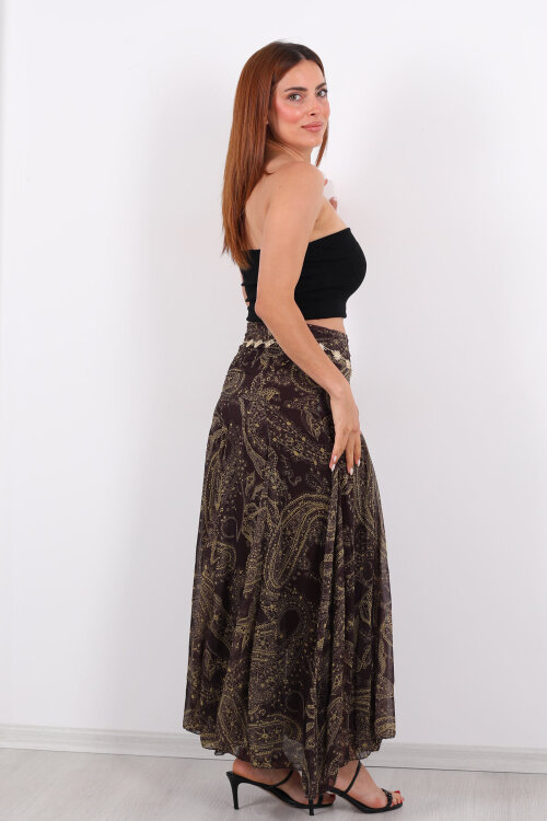 Şal Desen Drapeli Şifon Acı Kahve Kadın Etek - 6