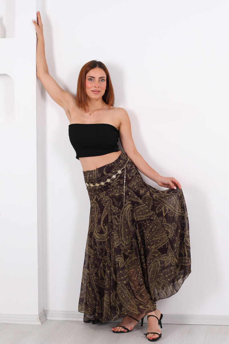 Şal Desen Drapeli Şifon Acı Kahve Kadın Etek - 1