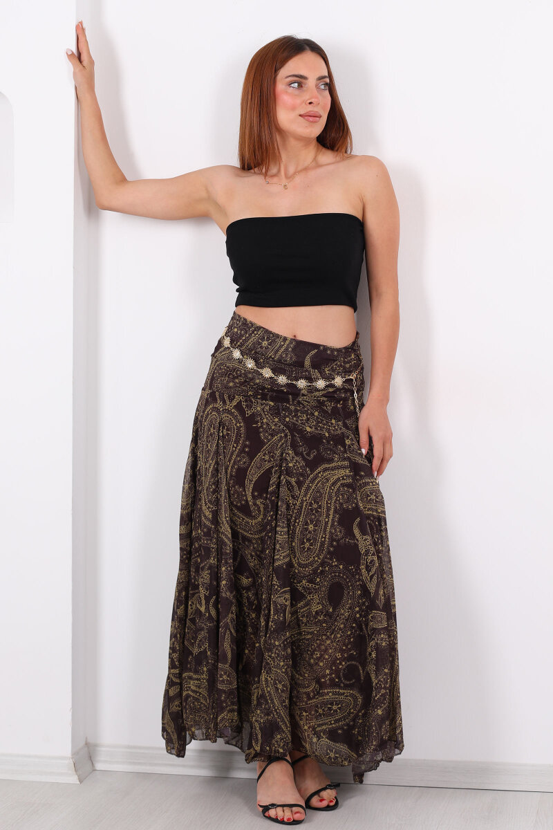 Şal Desen Drapeli Şifon Acı Kahve Kadın Etek - 5