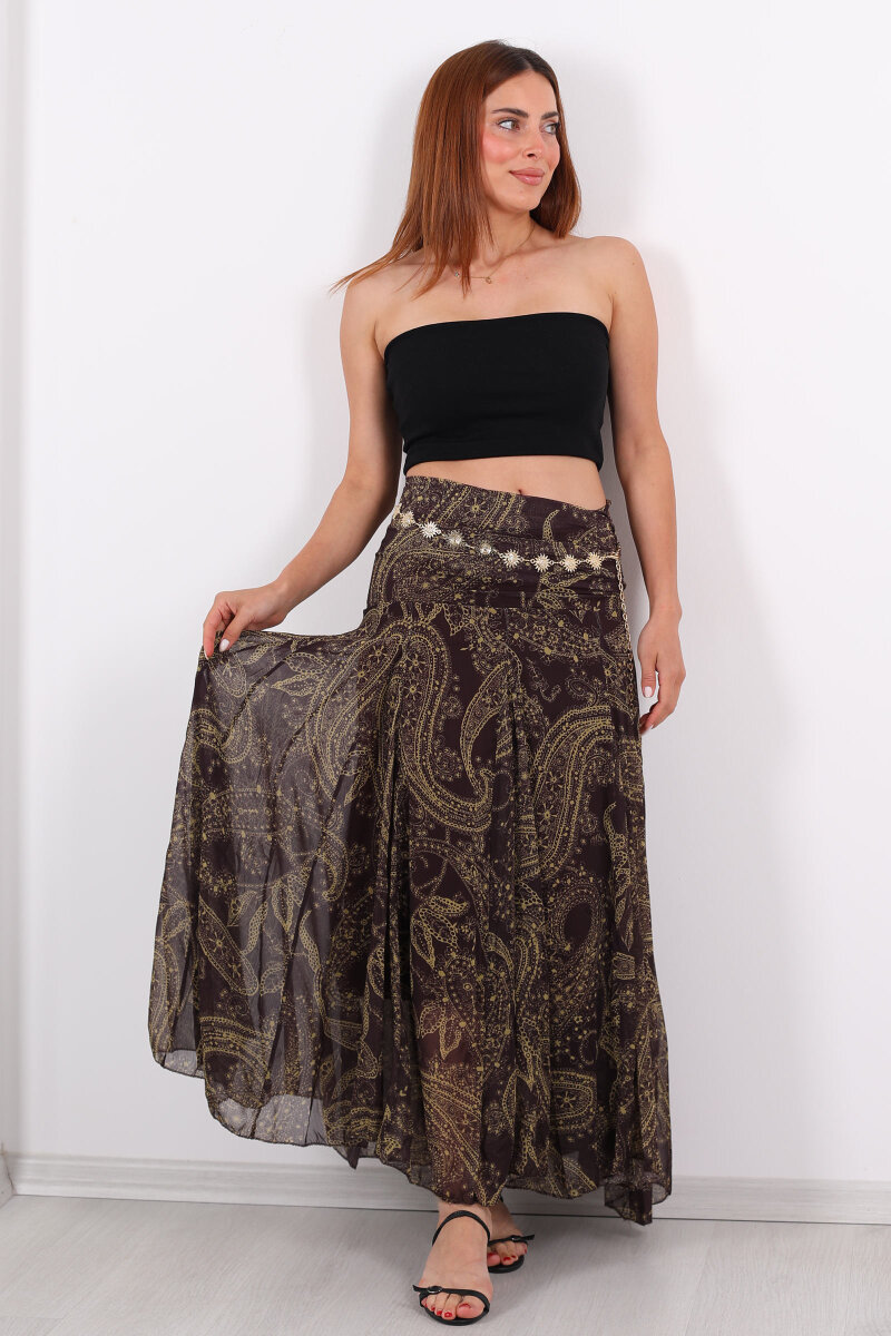 Şal Desen Drapeli Şifon Acı Kahve Kadın Etek - 4