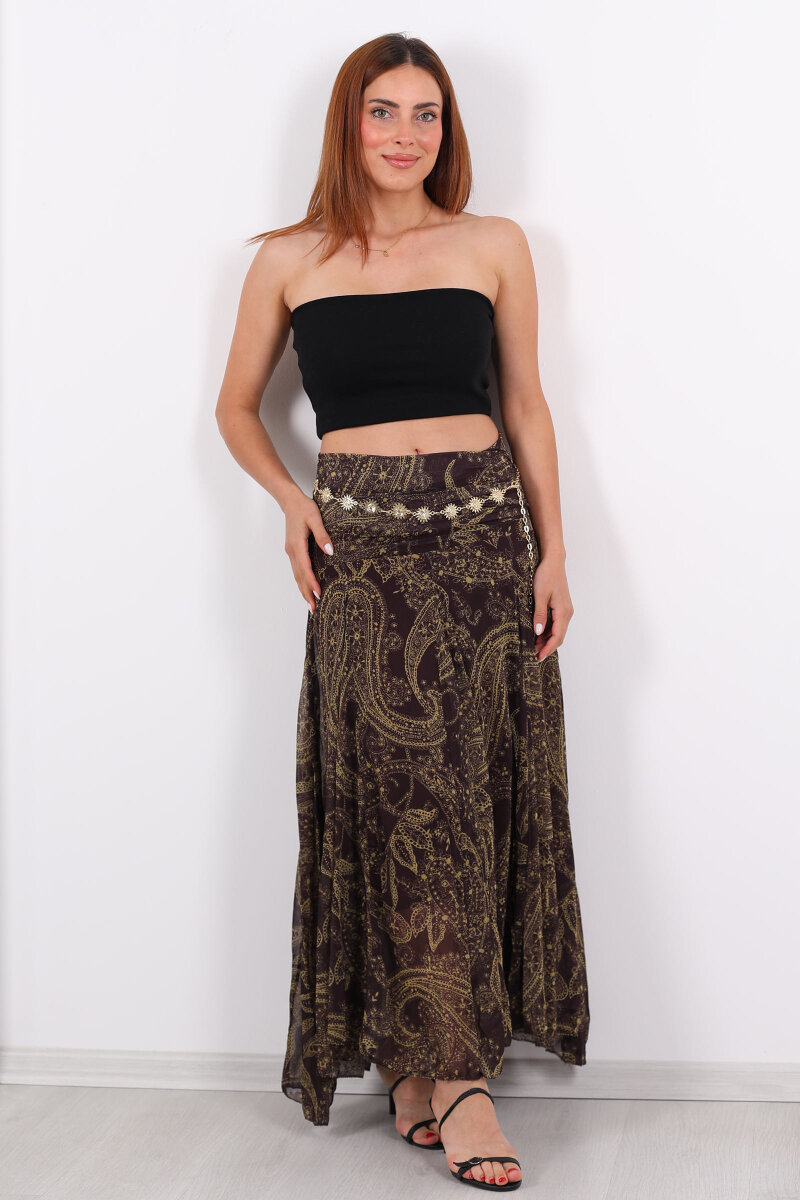 Şal Desen Drapeli Şifon Acı Kahve Kadın Etek - 8