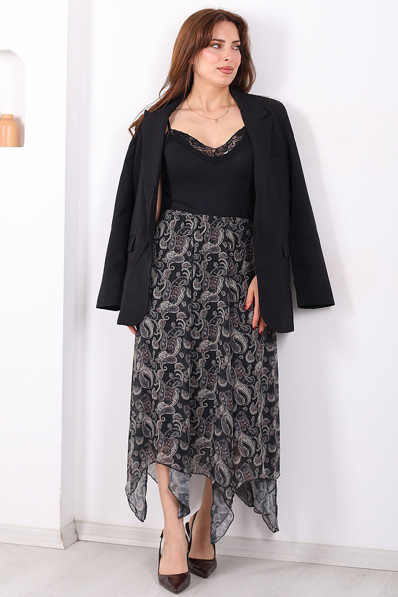 Şal Desen Şifon Asimetrik Füme Kadın Etek - 4