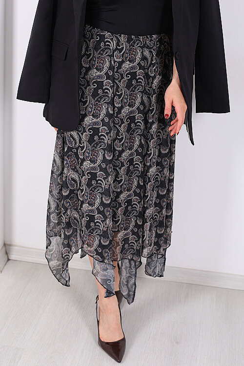 Şal Desen Şifon Asimetrik Füme Kadın Etek - Berox (1)