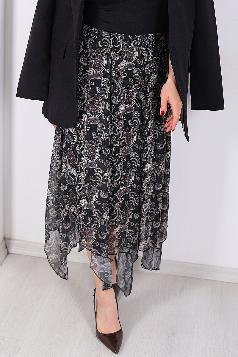 Şal Desen Şifon Asimetrik Füme Kadın Etek - 2