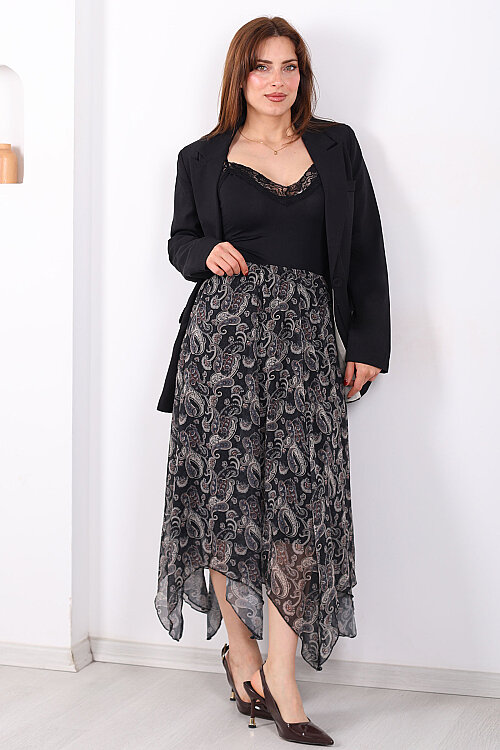 Şal Desen Şifon Asimetrik Füme Kadın Etek - Berox
