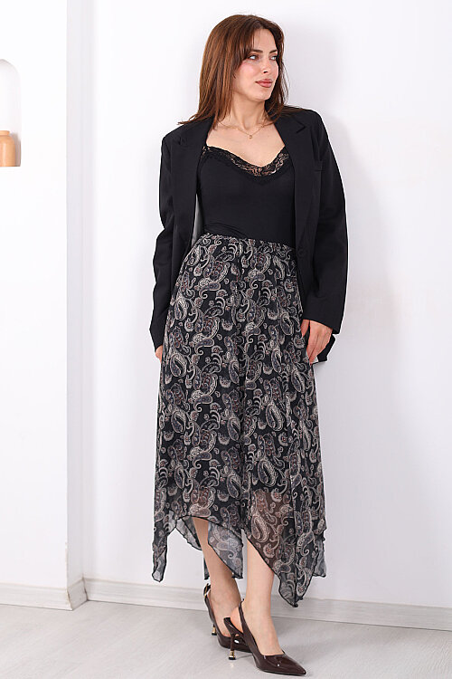 Şal Desen Şifon Asimetrik Füme Kadın Etek - 6