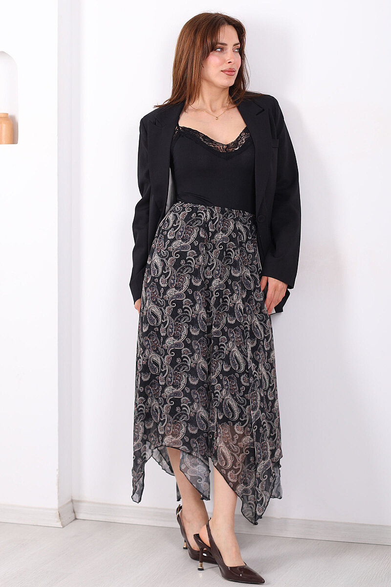 Şal Desen Şifon Asimetrik Füme Kadın Etek - 6
