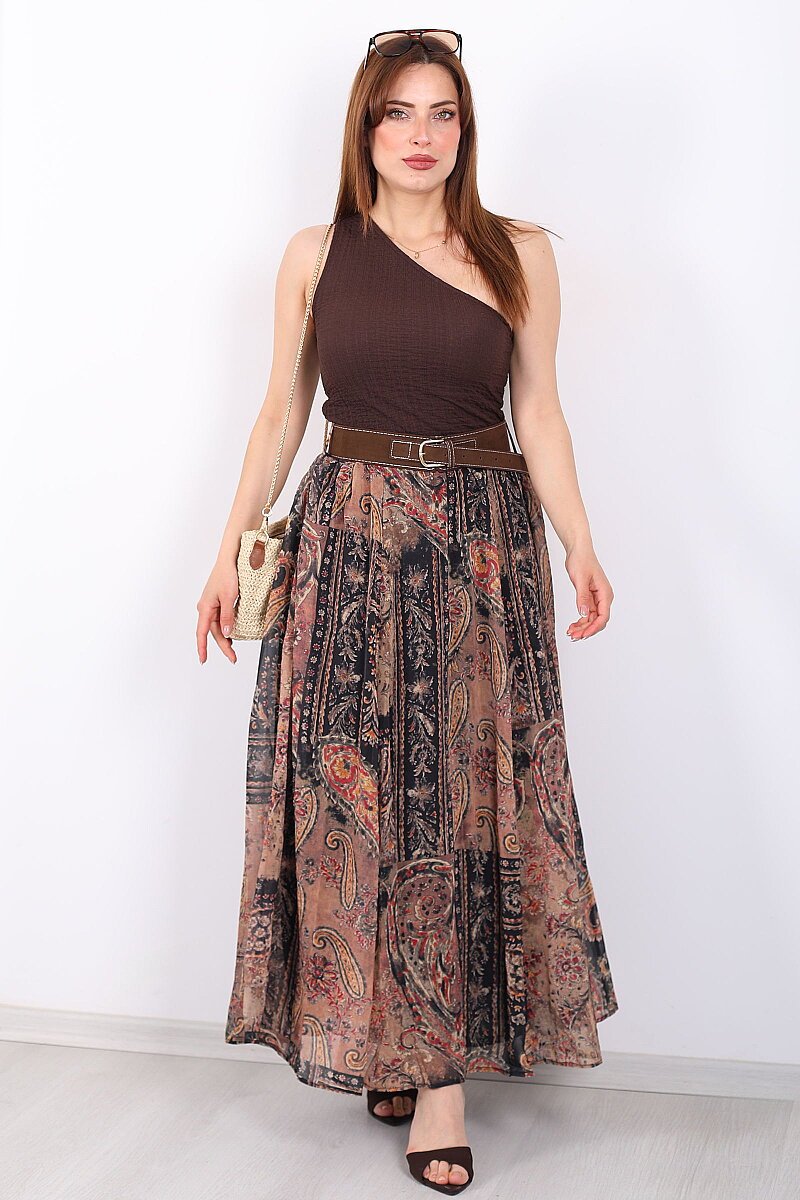 Şal Desenli Kemerli Açık Kahve Kadın Maxi Etek - 4