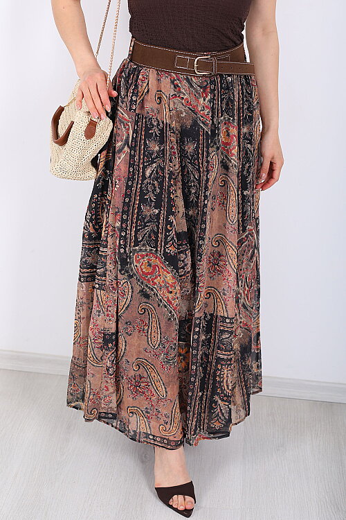 Şal Desenli Kemerli Açık Kahve Kadın Maxi Etek - 2