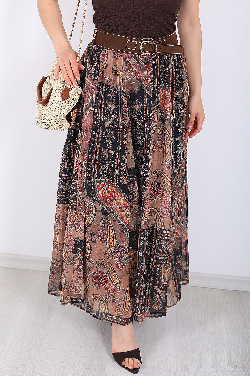 Şal Desenli Kemerli Açık Kahve Kadın Maxi Etek - 2