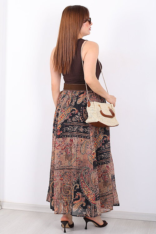 Şal Desenli Kemerli Açık Kahve Kadın Maxi Etek - 5
