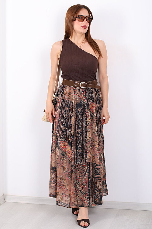 Şal Desenli Kemerli Açık Kahve Kadın Maxi Etek - 6