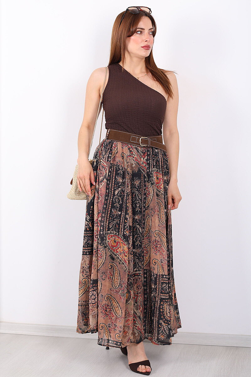 Şal Desenli Kemerli Açık Kahve Kadın Maxi Etek - 1