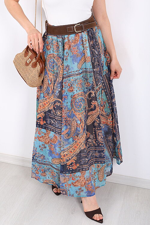 Şal Desenli Kemerli Mavi Kadın Maxi Etek - Berox (1)