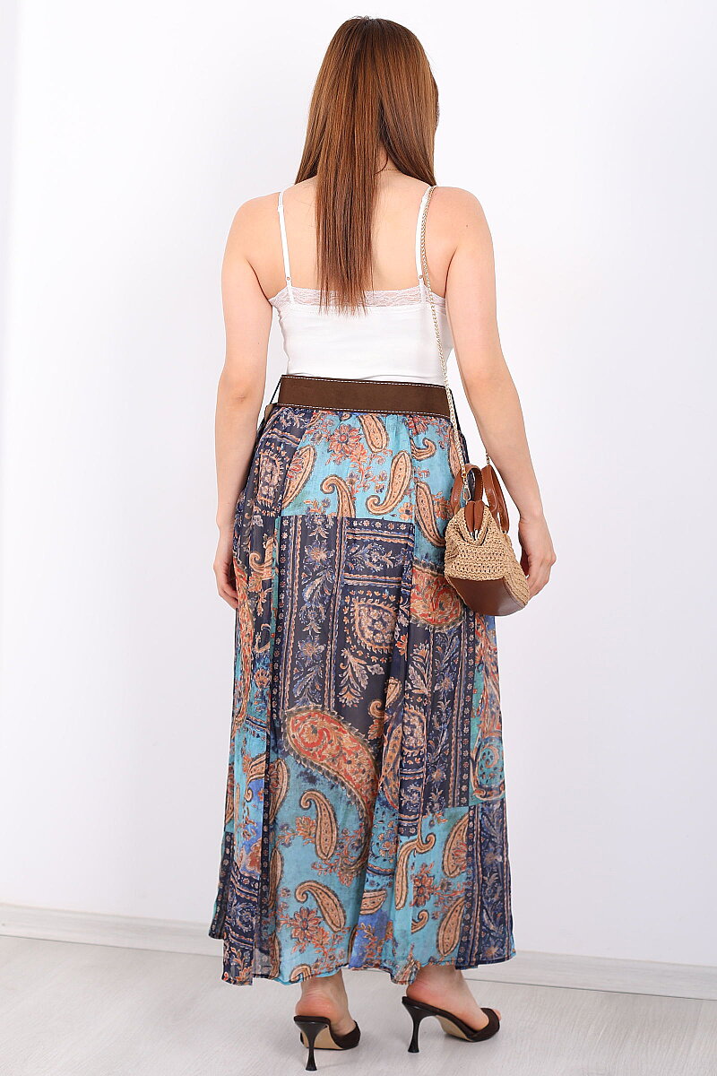 Şal Desenli Kemerli Mavi Kadın Maxi Etek - 5