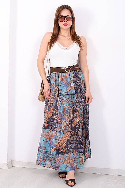 Şal Desenli Kemerli Mavi Kadın Maxi Etek - 6