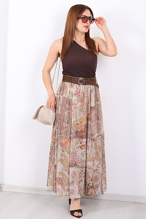 Şal Desenli Kemerli Su Yeşili Kadın Maxi Etek - 3