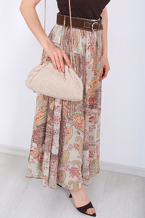 Şal Desenli Kemerli Su Yeşili Kadın Maxi Etek - Berox (1)