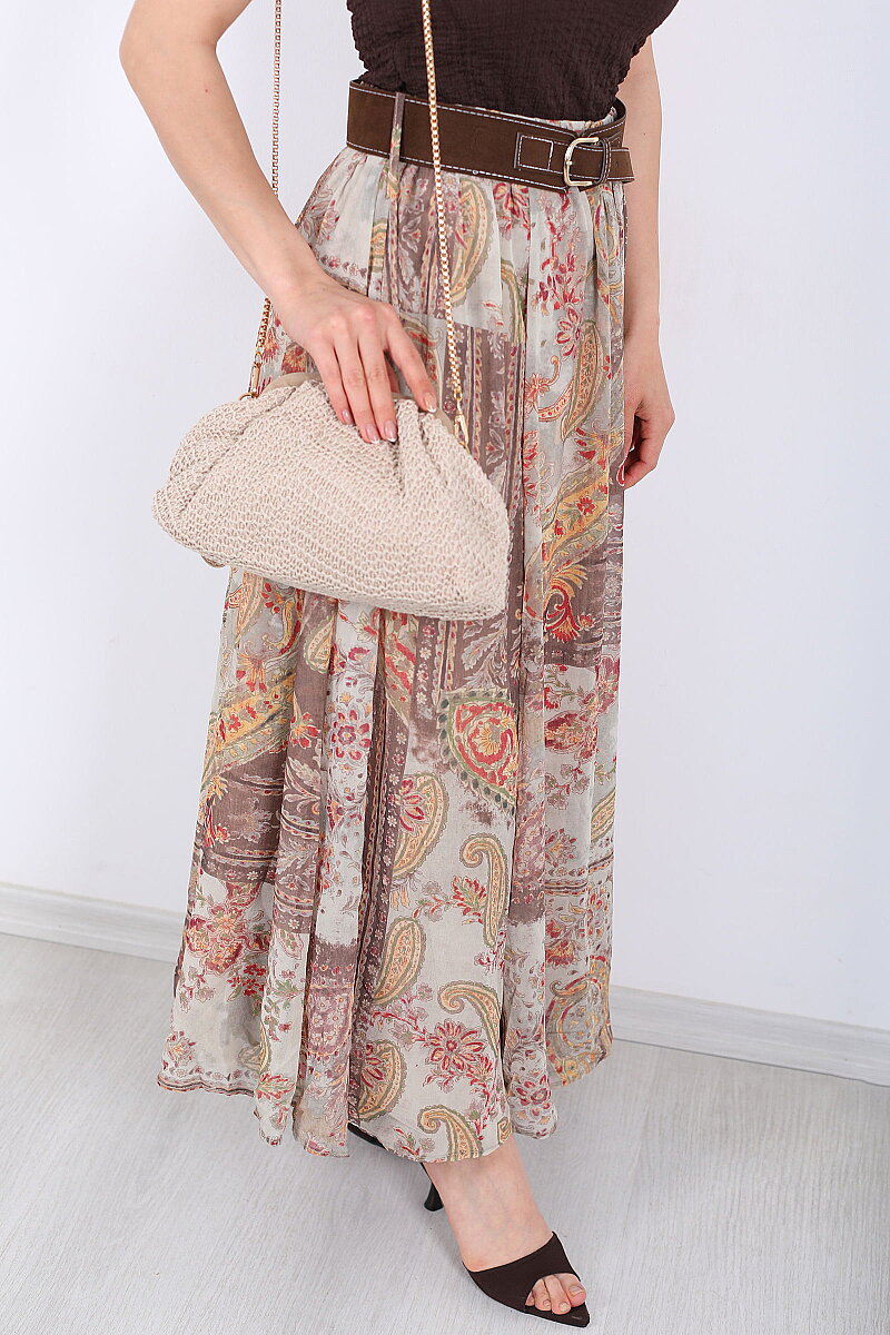 Şal Desenli Kemerli Su Yeşili Kadın Maxi Etek - 2