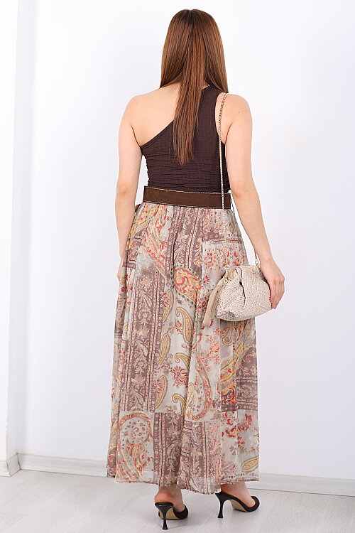 Şal Desenli Kemerli Su Yeşili Kadın Maxi Etek - 5