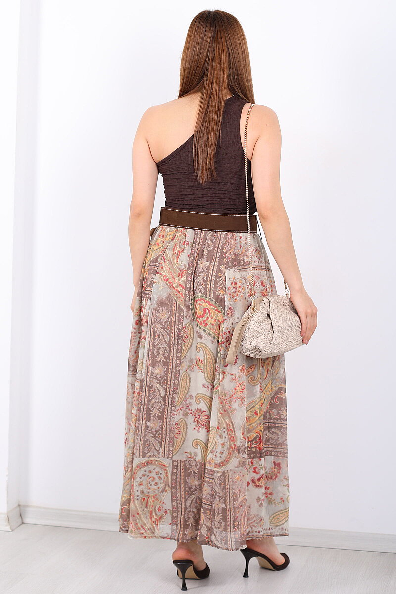 Şal Desenli Kemerli Su Yeşili Kadın Maxi Etek - 5