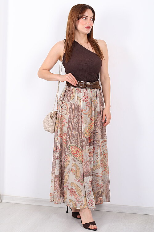 Şal Desenli Kemerli Su Yeşili Kadın Maxi Etek - 4