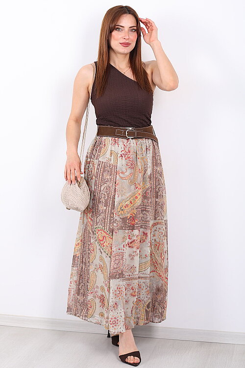 Şal Desenli Kemerli Su Yeşili Kadın Maxi Etek - Berox