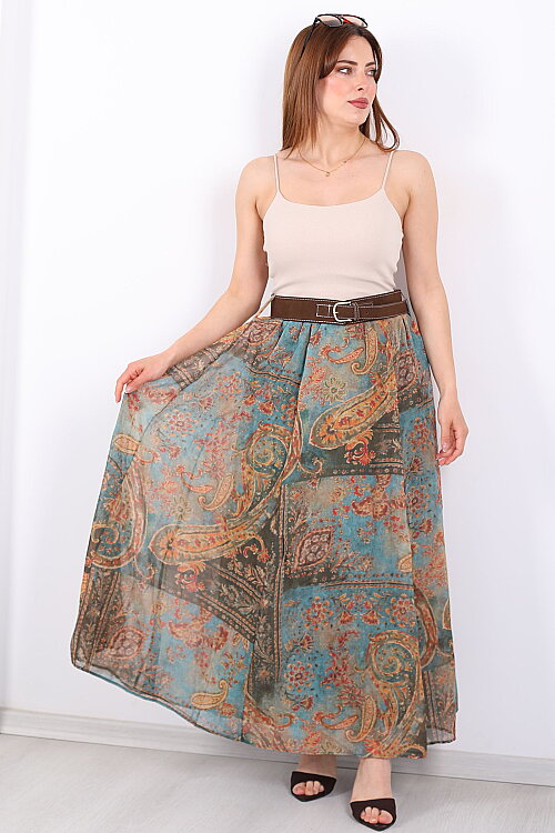 Şal Desenli Kemerli Turkuaz Kadın Maxi Etek 