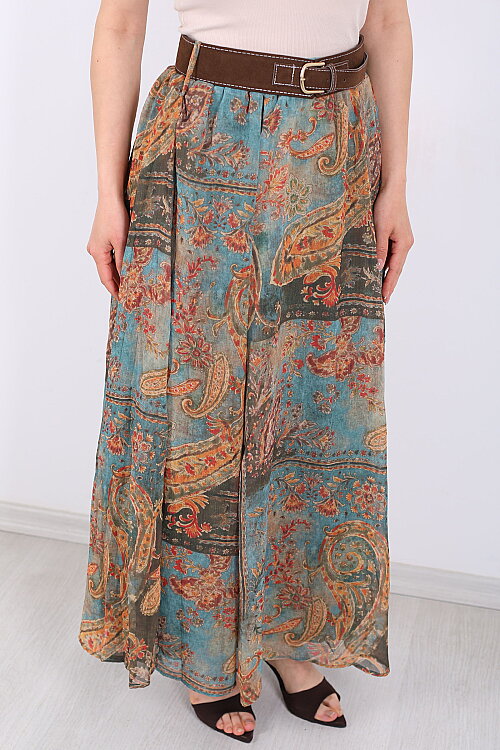 Şal Desenli Kemerli Turkuaz Kadın Maxi Etek - 2