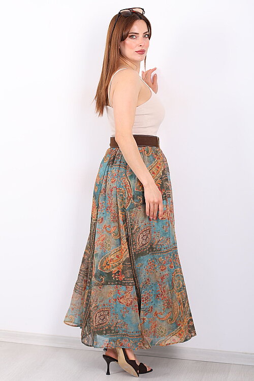 Şal Desenli Kemerli Turkuaz Kadın Maxi Etek - 5