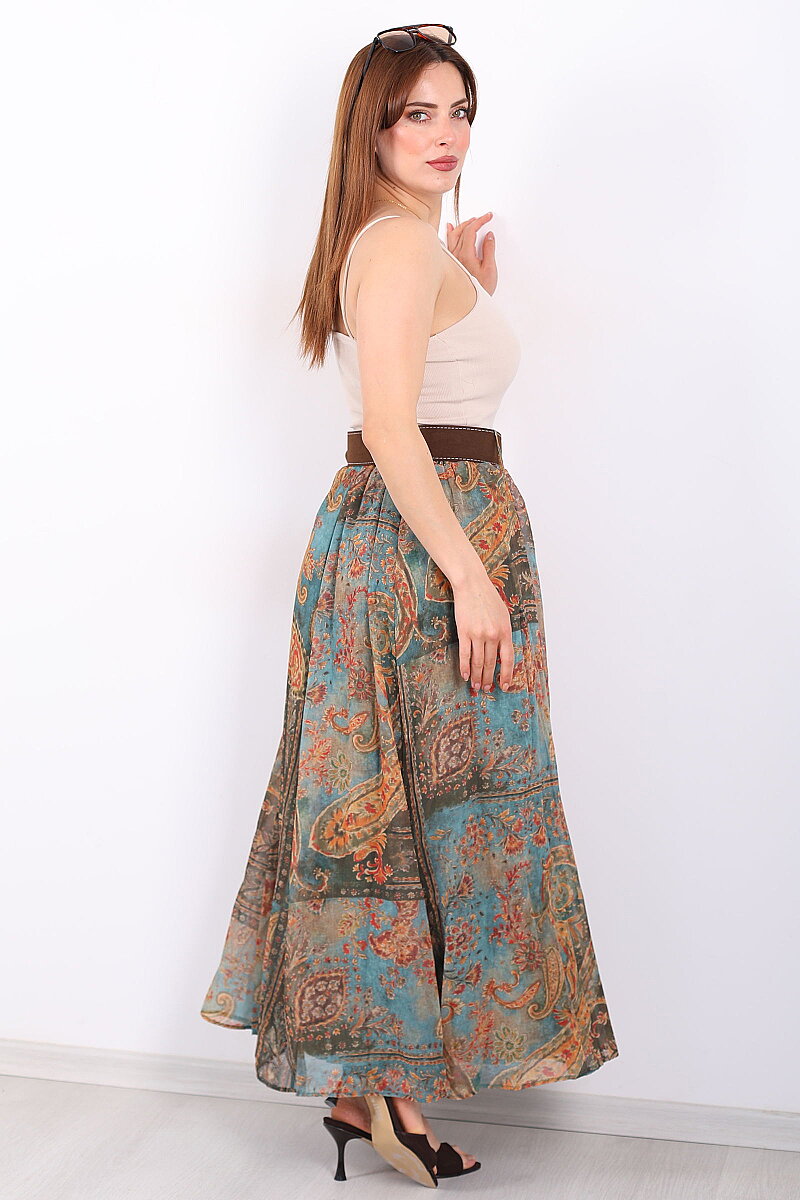 Şal Desenli Kemerli Turkuaz Kadın Maxi Etek - 5