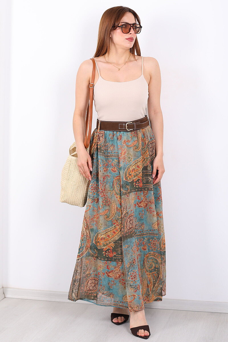 Şal Desenli Kemerli Turkuaz Kadın Maxi Etek - 4